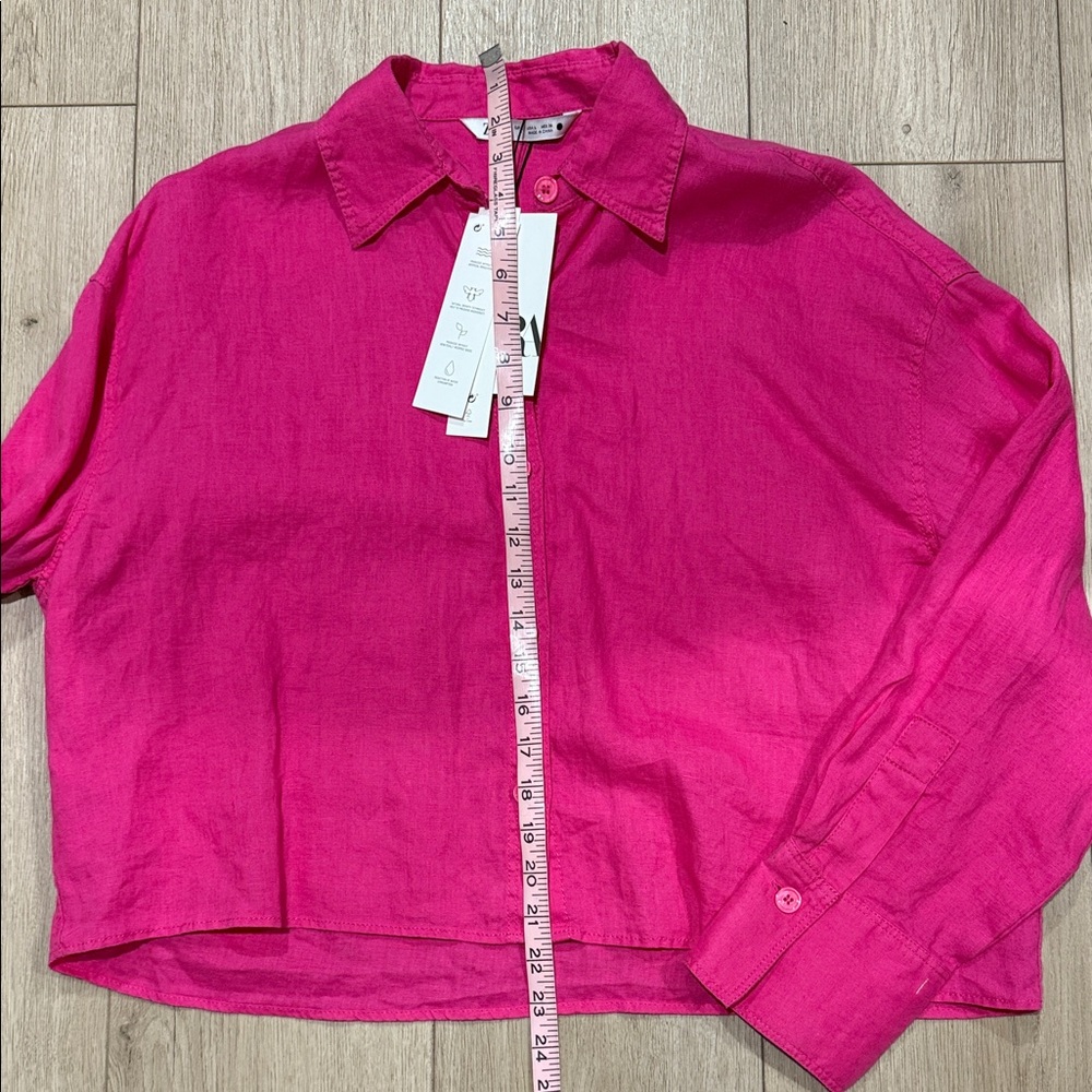 Zara Hot Pink LINEN Button-down cropped Women's Top, Large, oversized fit. - Picture 9 of 10